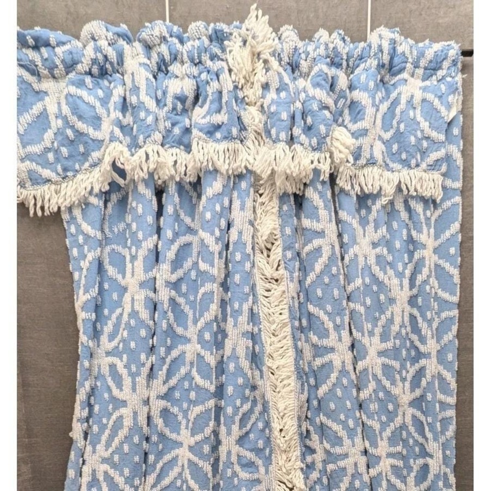 Vtg Bath Curtains Double Wedding Ring Chenille Drapes Blue White Pair Rod Pocket